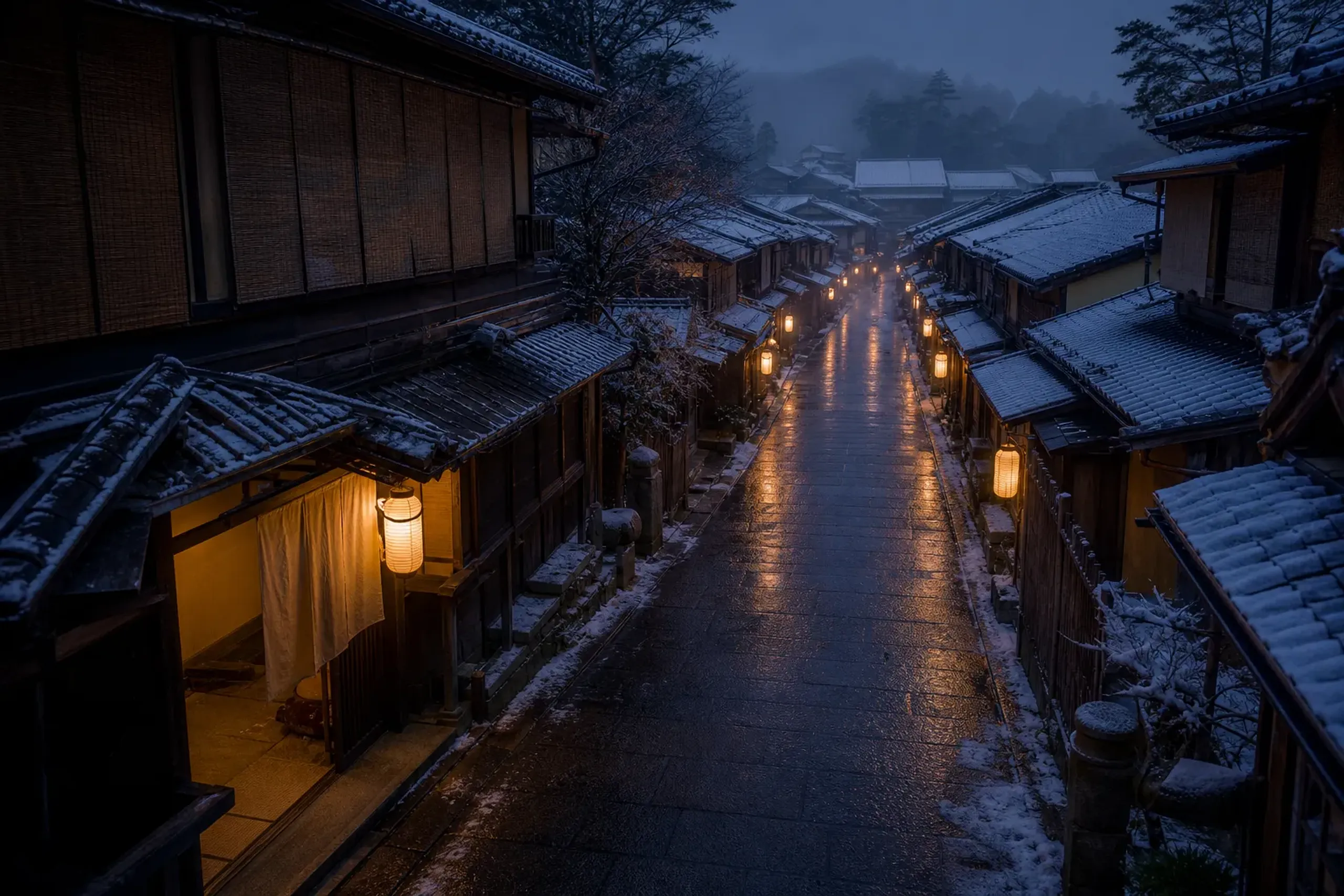 Quiet timber-fronted lane in Kyoto's Miyagawa-cho geisha district in the evening