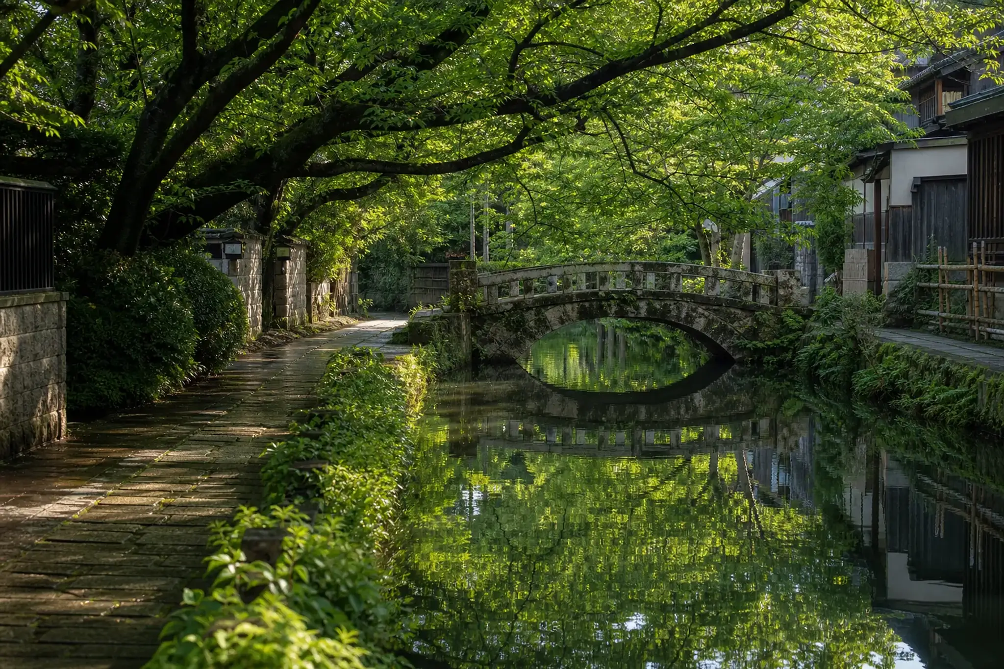 Quiet tree-lined canal path near the Philosopher's Path in Okazaki Kyoto in morning light