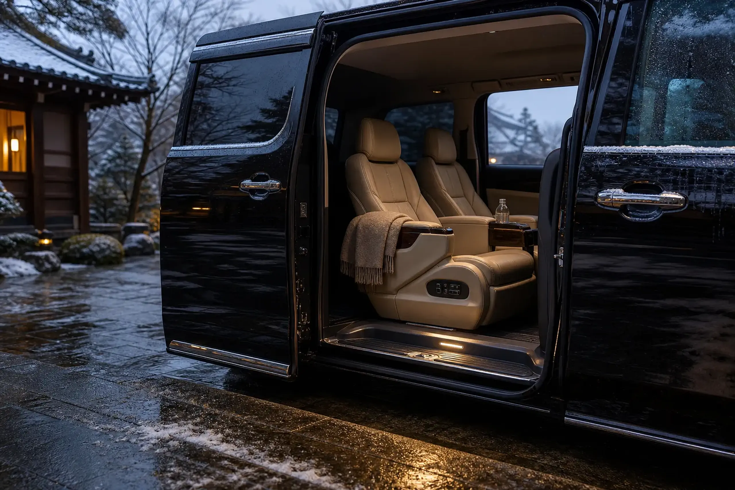 The quiet leather interior cabin of a Toyota Alphard with captain's seats and wood trim, viewed through the open sliding door