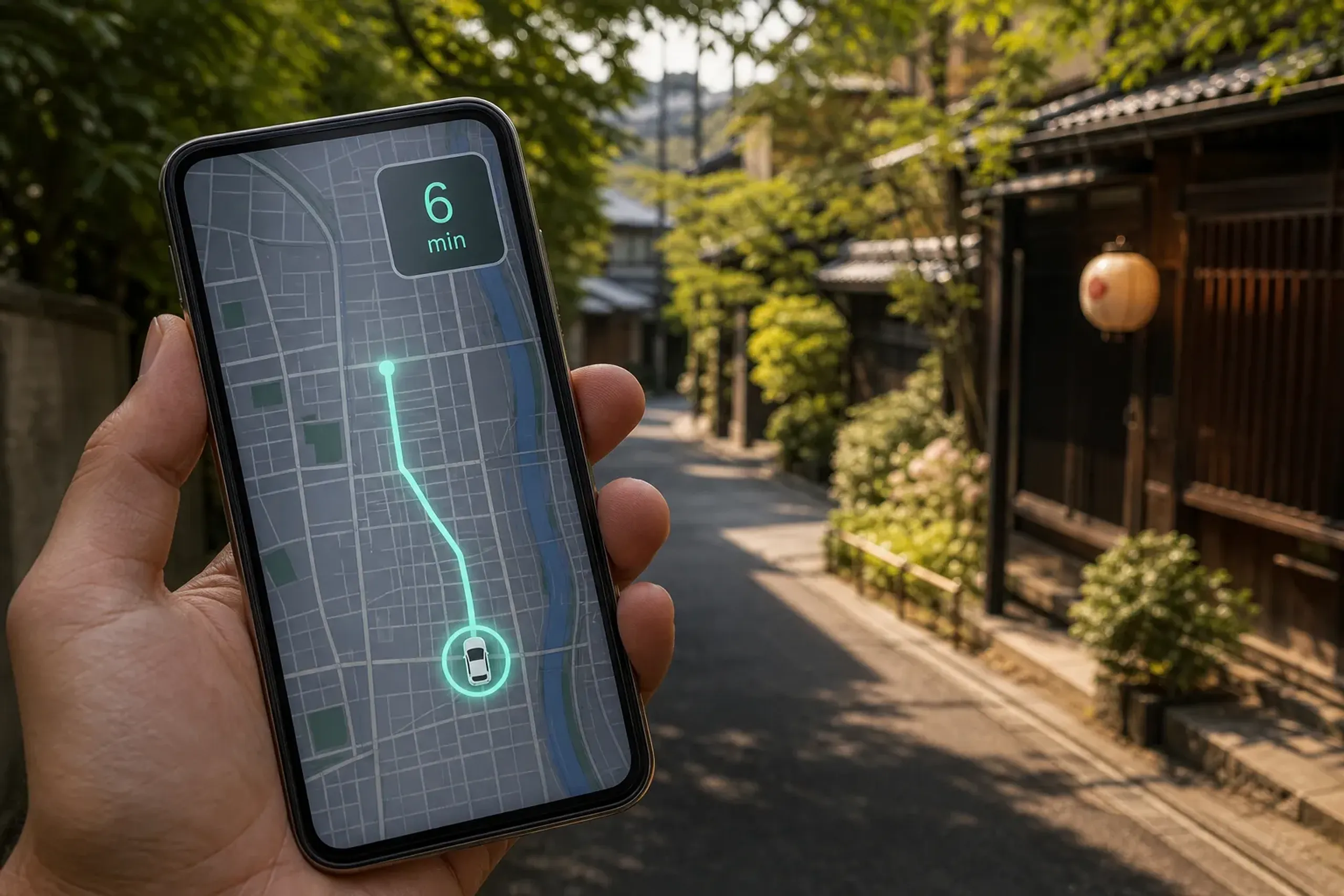 A smartphone screen showing a live map with a moving driver-location pin and ETA tracker on a Japanese street route