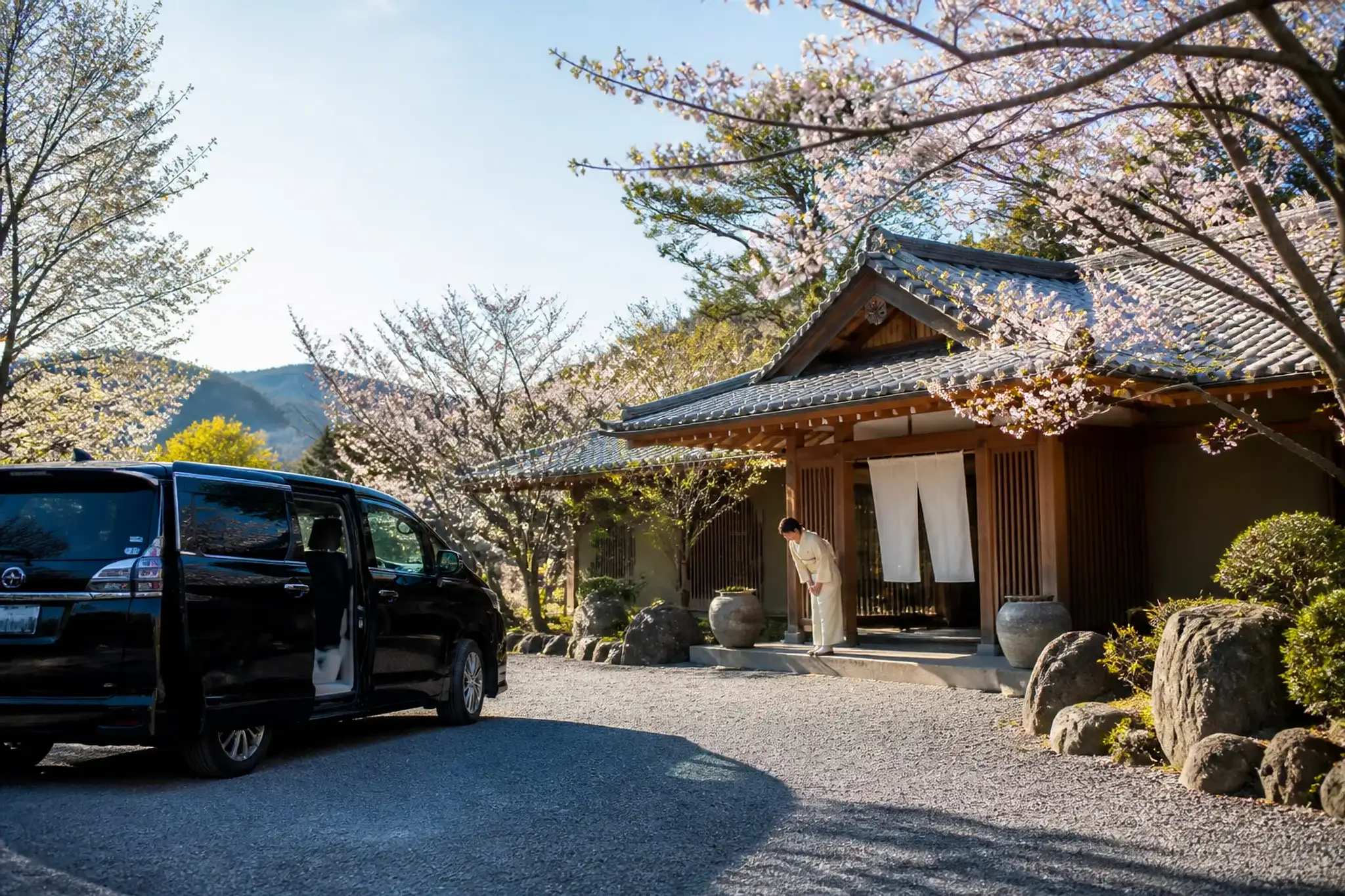 Luxury private minivan arriving at a ryokan entrance in winter near Tokyo