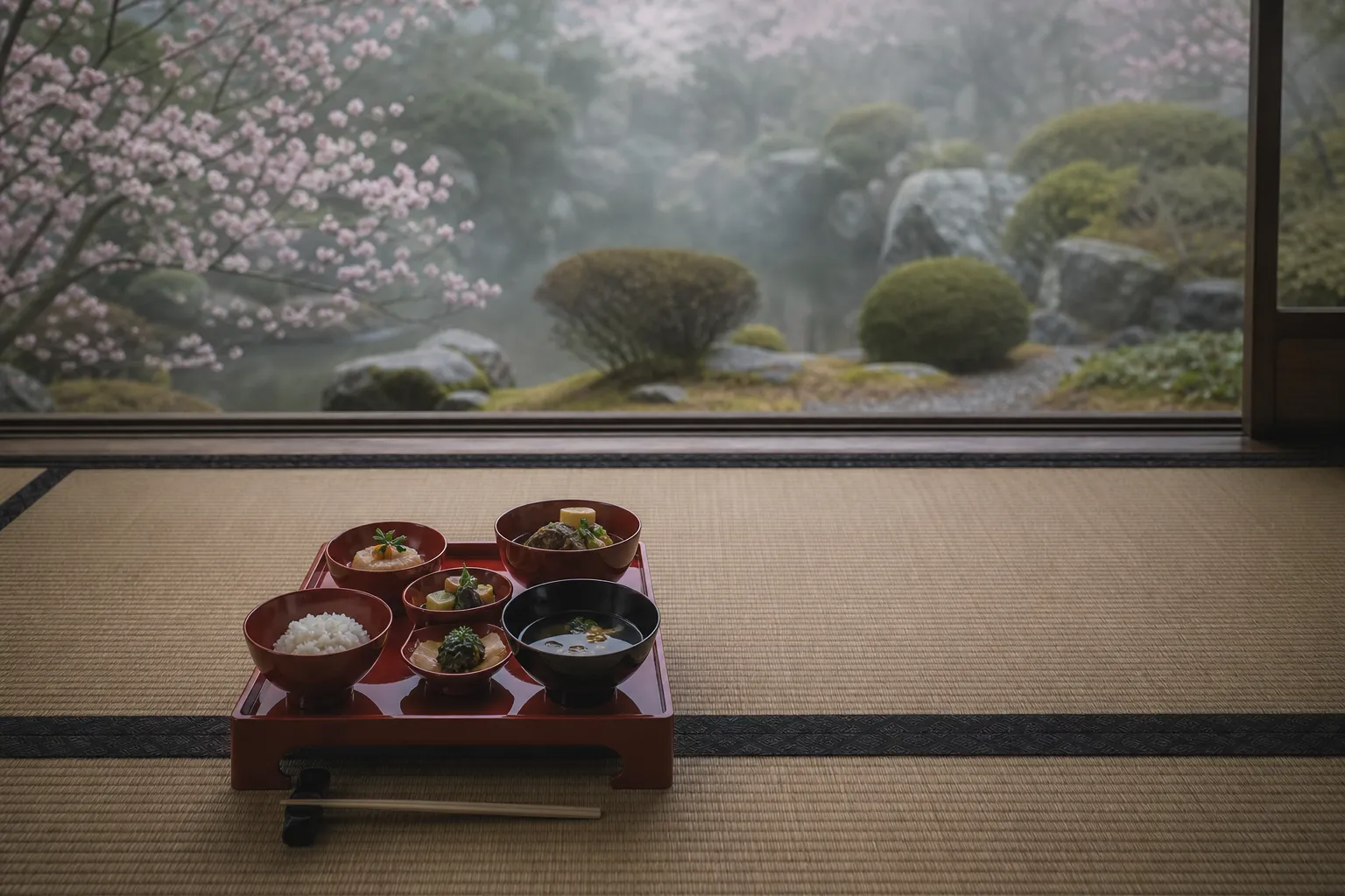 Shojin ryori vegetarian temple meal in lacquer bowls in a tatami room on Mount Koya