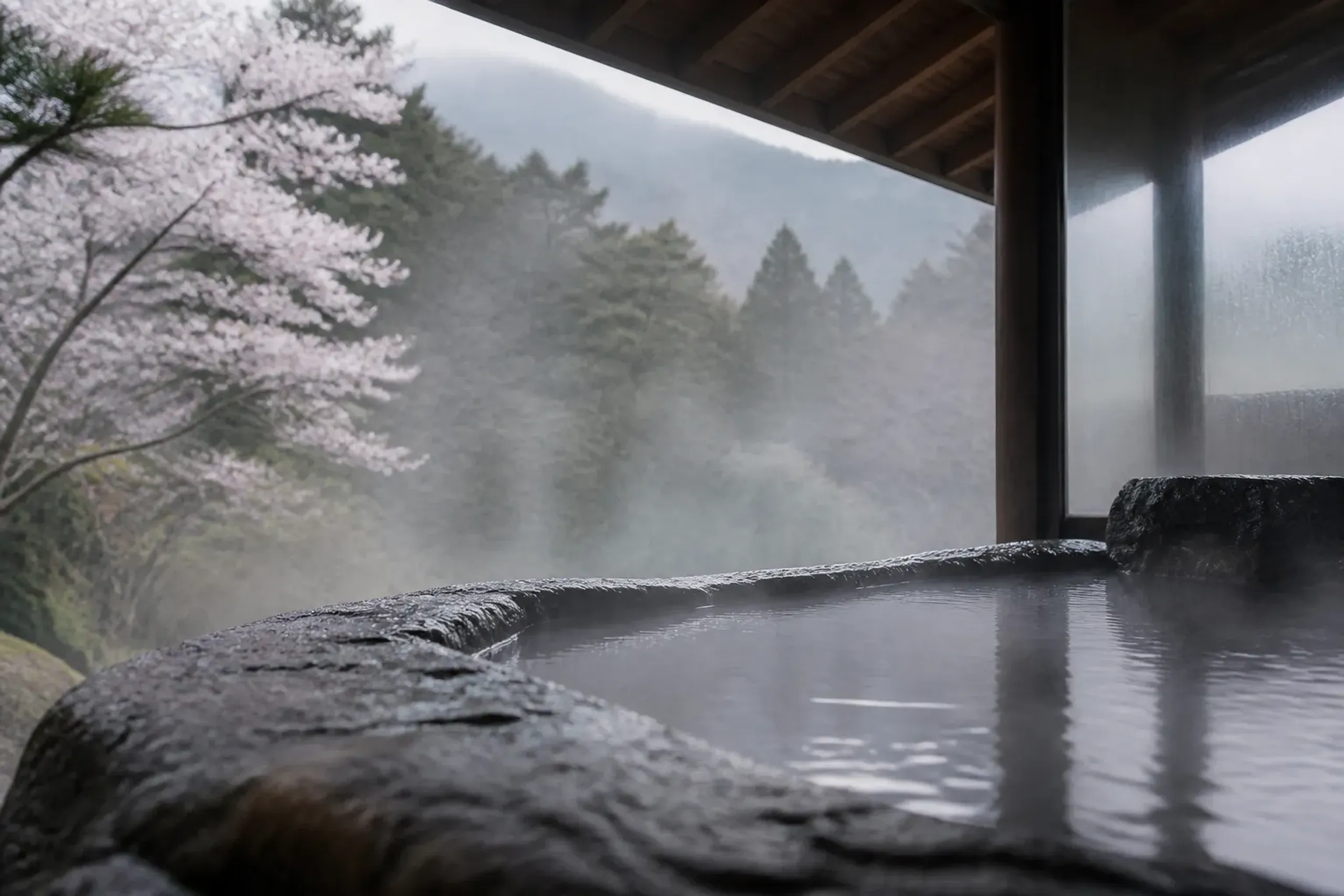 Private onsen bath in a ryokan suite with forest view and steam rising