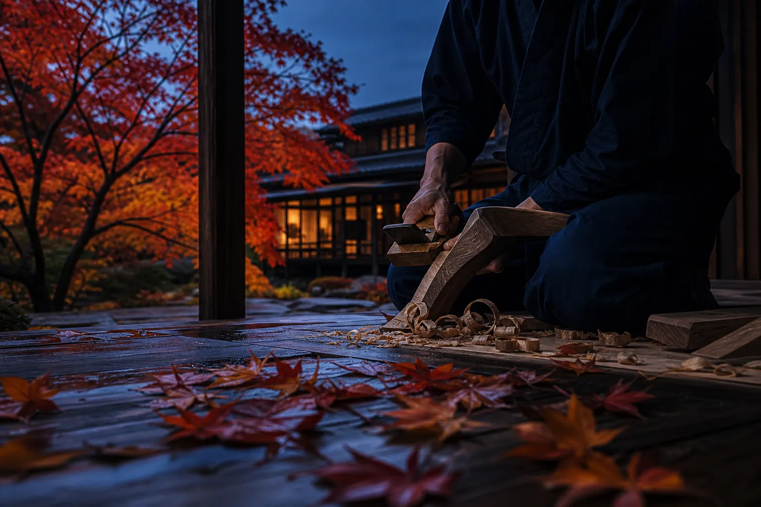 Asahikawa shokunin woodworker shaping a hardwood chair in his workshop