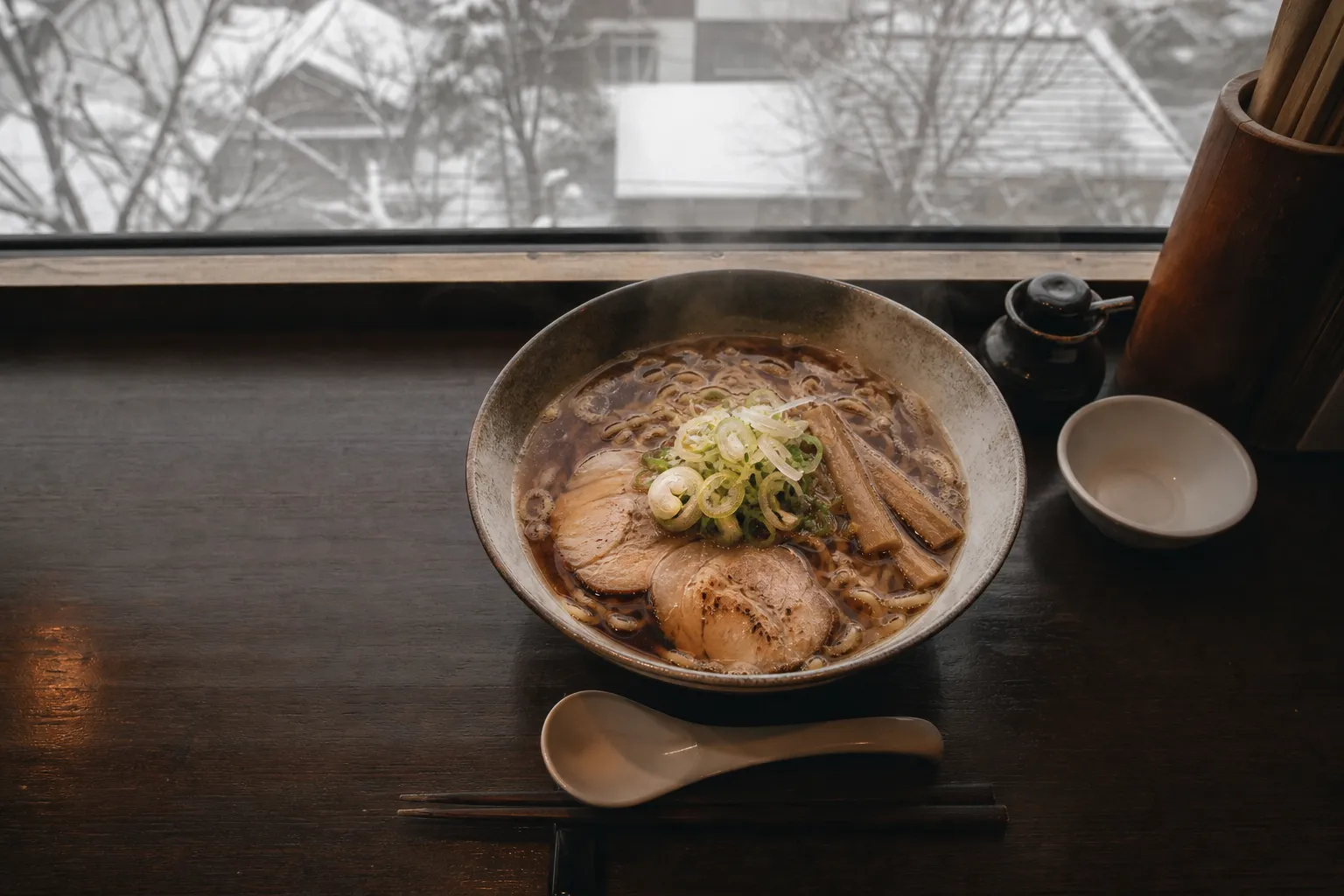 Bowl of Asahikawa ramen with double soup and a layer of oil keeping it hot