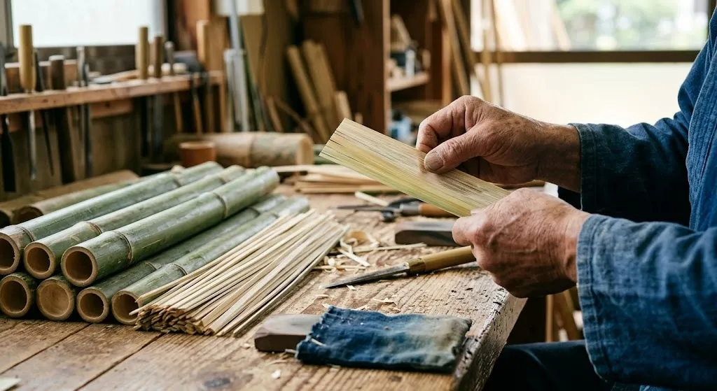 Macro photo showing the precise difference between raw madake bamboo stalks and a collection of uniform, paper-thin, split bamboo strips ready for weaving.