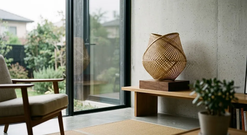 A modern, minimalist interior space featuring a complex and elegant Beppu bamboo art sculpture on display.