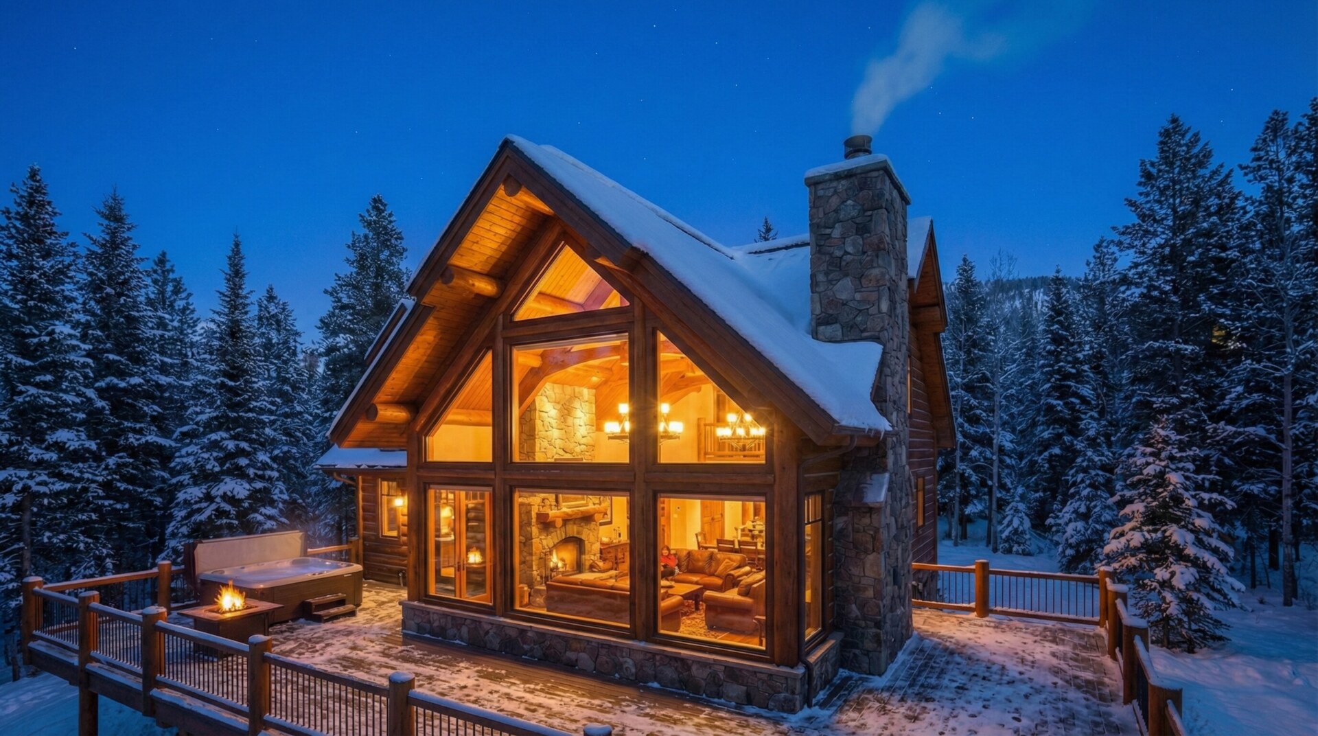 luxury timber estate lodge in a snowy Hokkaido forest at night.
