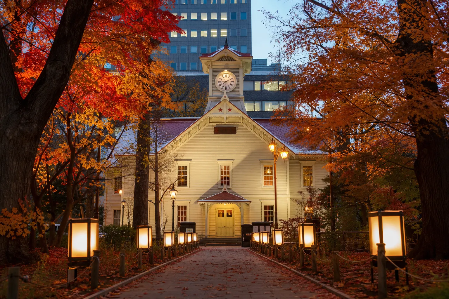White wooden Sapporo Clock Tower with red cupola surrounded by modern city buildings