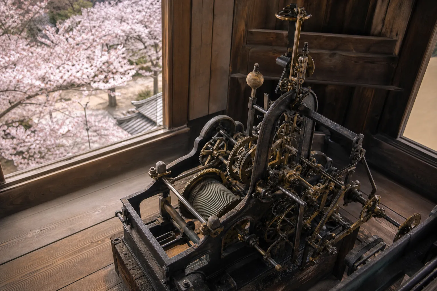Antique E. Howard and Co clock mechanism with brass gears inside the Sapporo Clock Tower