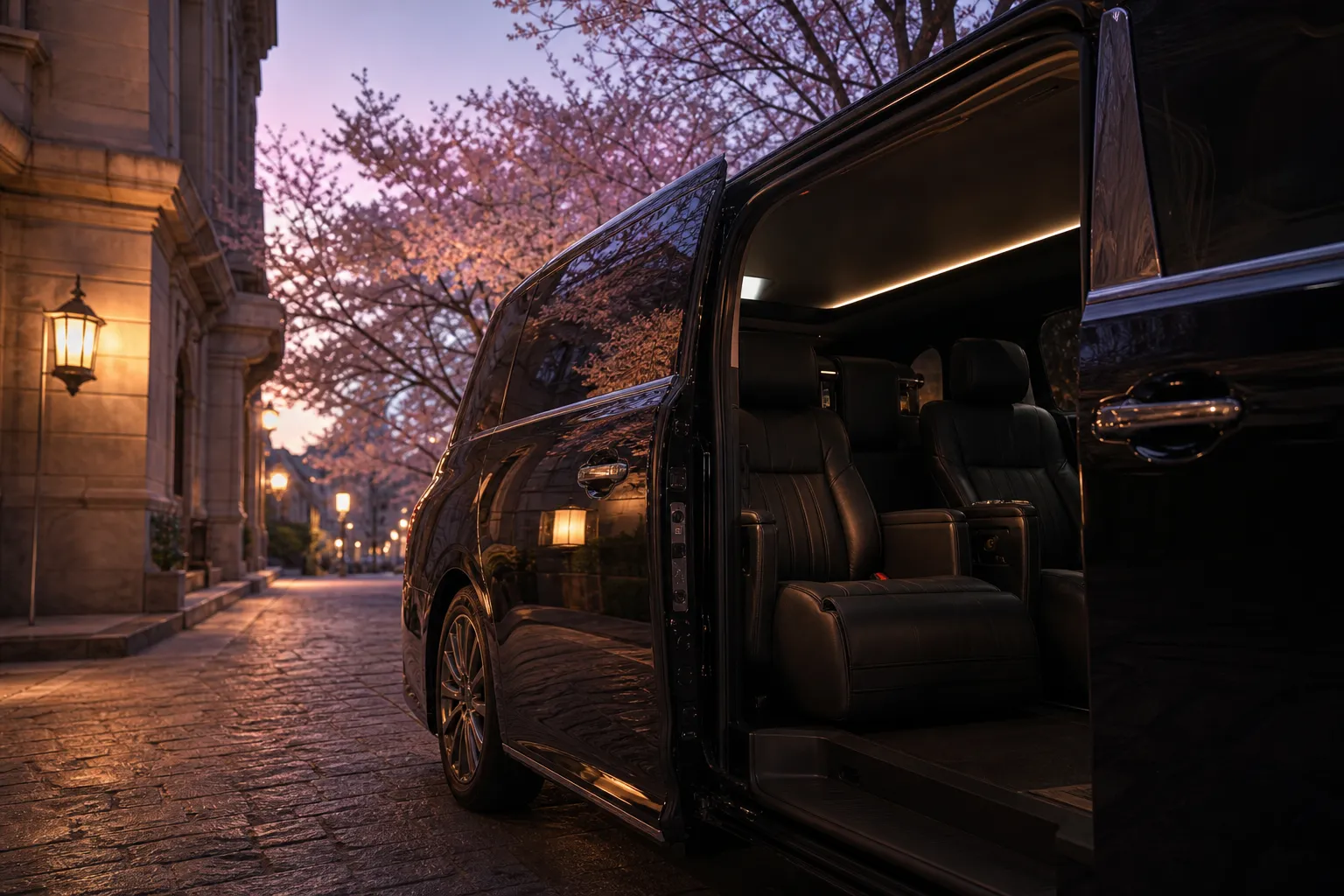 Interior of a luxury chauffeured vehicle on a quiet central Sapporo street
