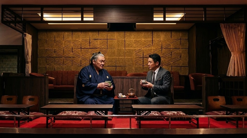 A former sumo grand champion in a kimono, greeting a guest