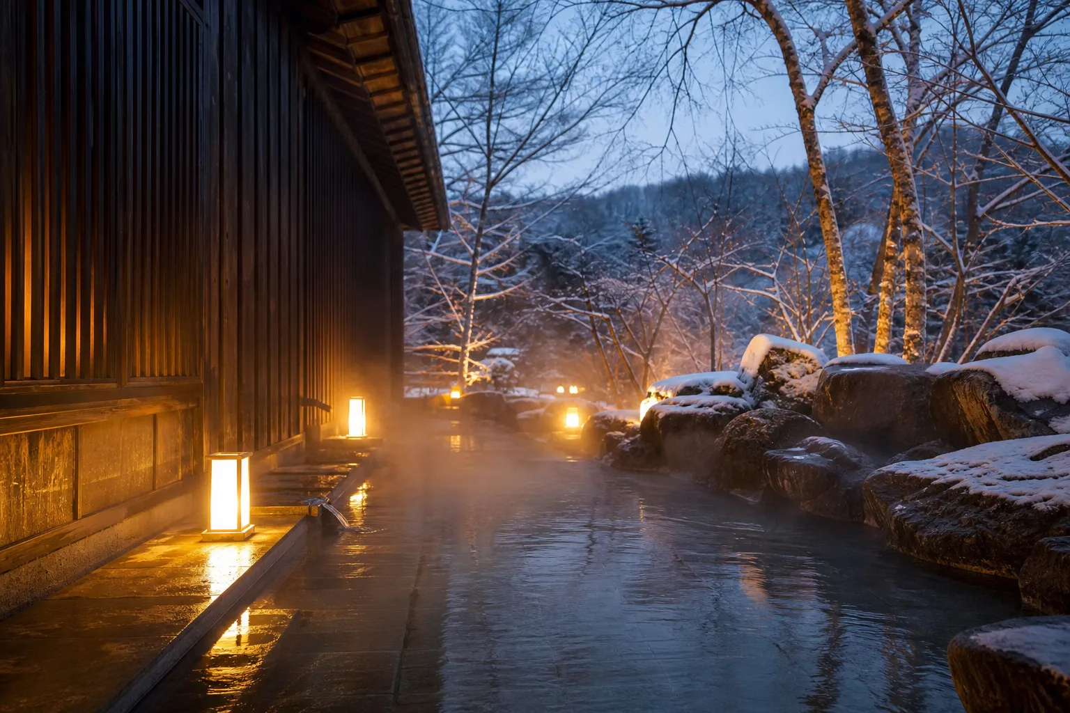 Steaming outdoor onsen surrounded by snow and birch trees near Furano in winter