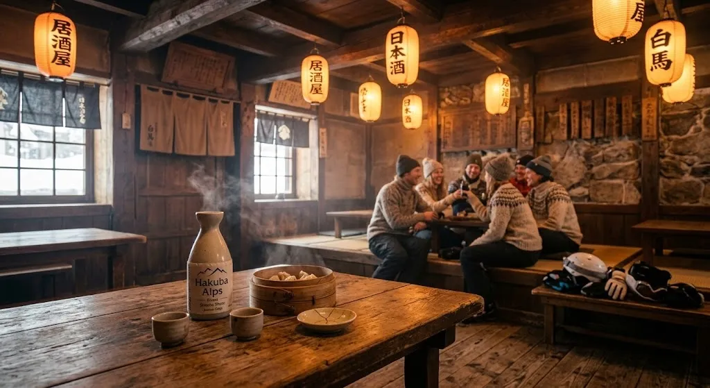 The interior of a cozy Hakuba izakaya features glowing paper lanterns, dark wood architecture, and a small ceramic carafe of sake on a rustic wooden table during winter.