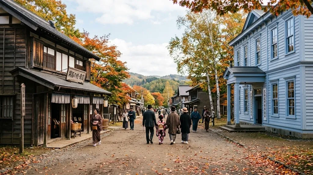 A picturesque dirt road lined with historic buildings, showcasing the striking architectural fusion of traditional wooden Japanese structures alongside a colorful Western-style administrative building from the Meiji era.