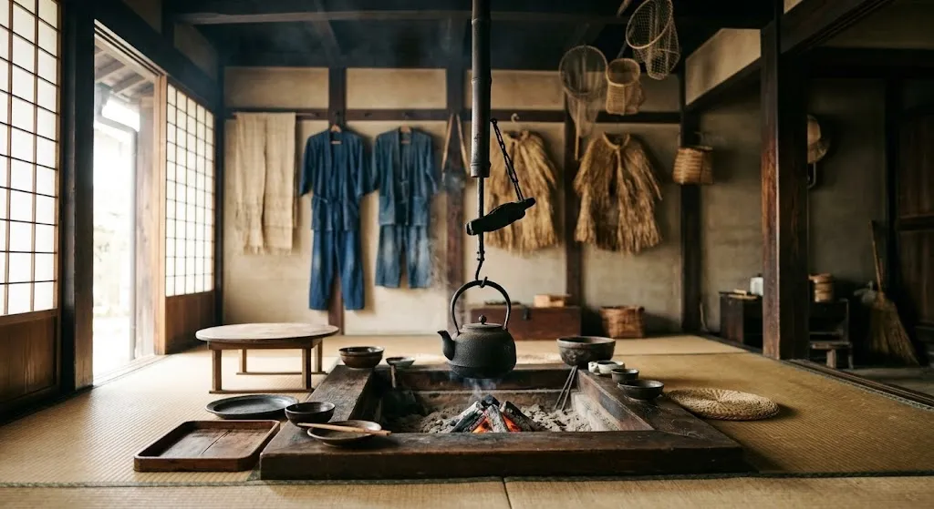 A detailed view inside a historic Japanese fisherman's home, featuring a traditional wooden hearth, cast iron cooking pots, and authentic period items illuminated by soft, natural daylight.