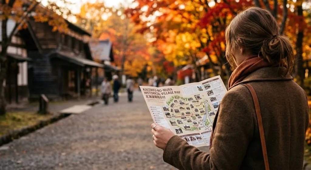 A sophisticated traveler in a chic coat holds a printed map, looking down a stunning historical village avenue framed by vibrant, glowing red and gold autumn leaves.
