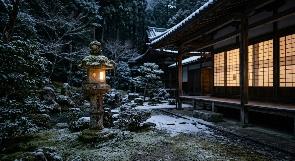 A single ancient stone lanterns faintly in a silent, snowy, empty Nara sub-temple garden during twilight, highlighting weathered wood textures and quiet solitude.