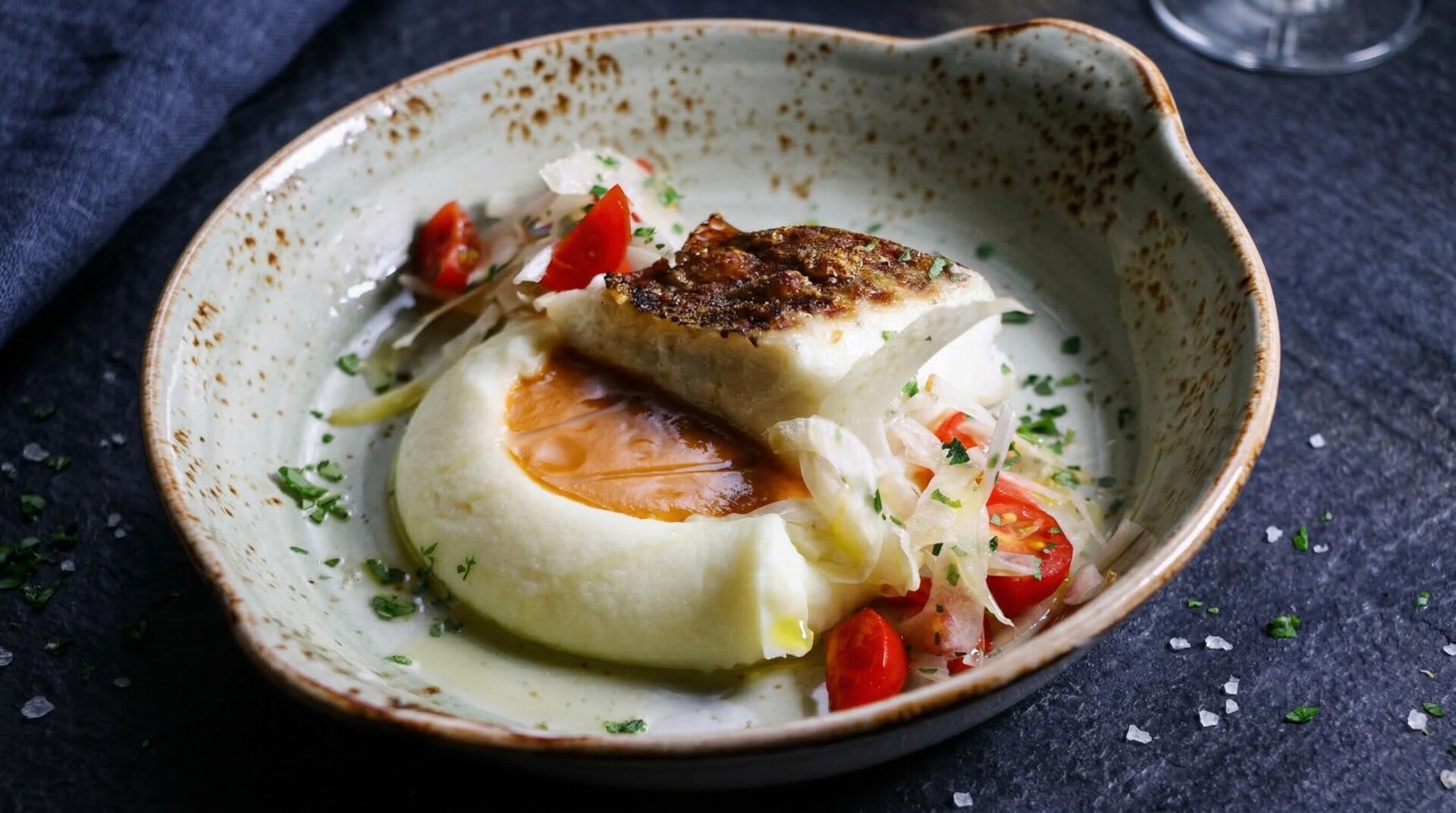 A beautifully plated gourmet dish served at Toki restaurant, highlighting French-Japanese fusion cuisine.
