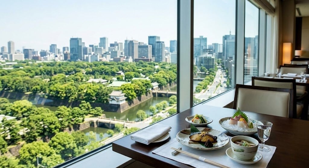Table set with three plated dishes and a cup of tea in a-windowed restaurant overlooking a green park and city skyline far in the distance, daytime view