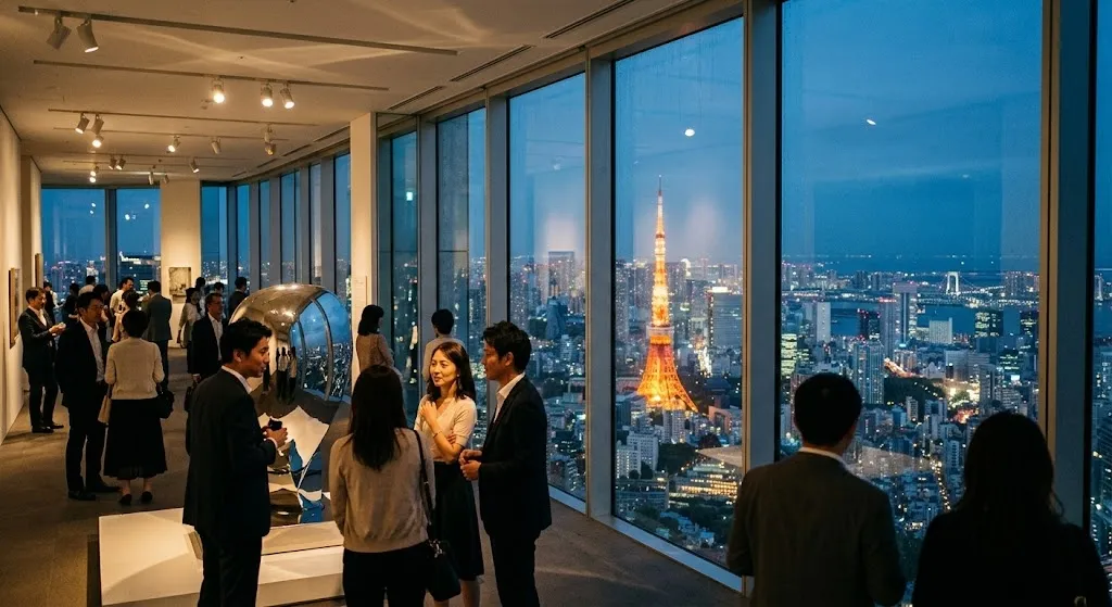 Visitors inside a high-end Roppongi museum overlook the glittering Tokyo skyline and illuminated Tokyo Tower through massive floor-to-ceiling glass windows.