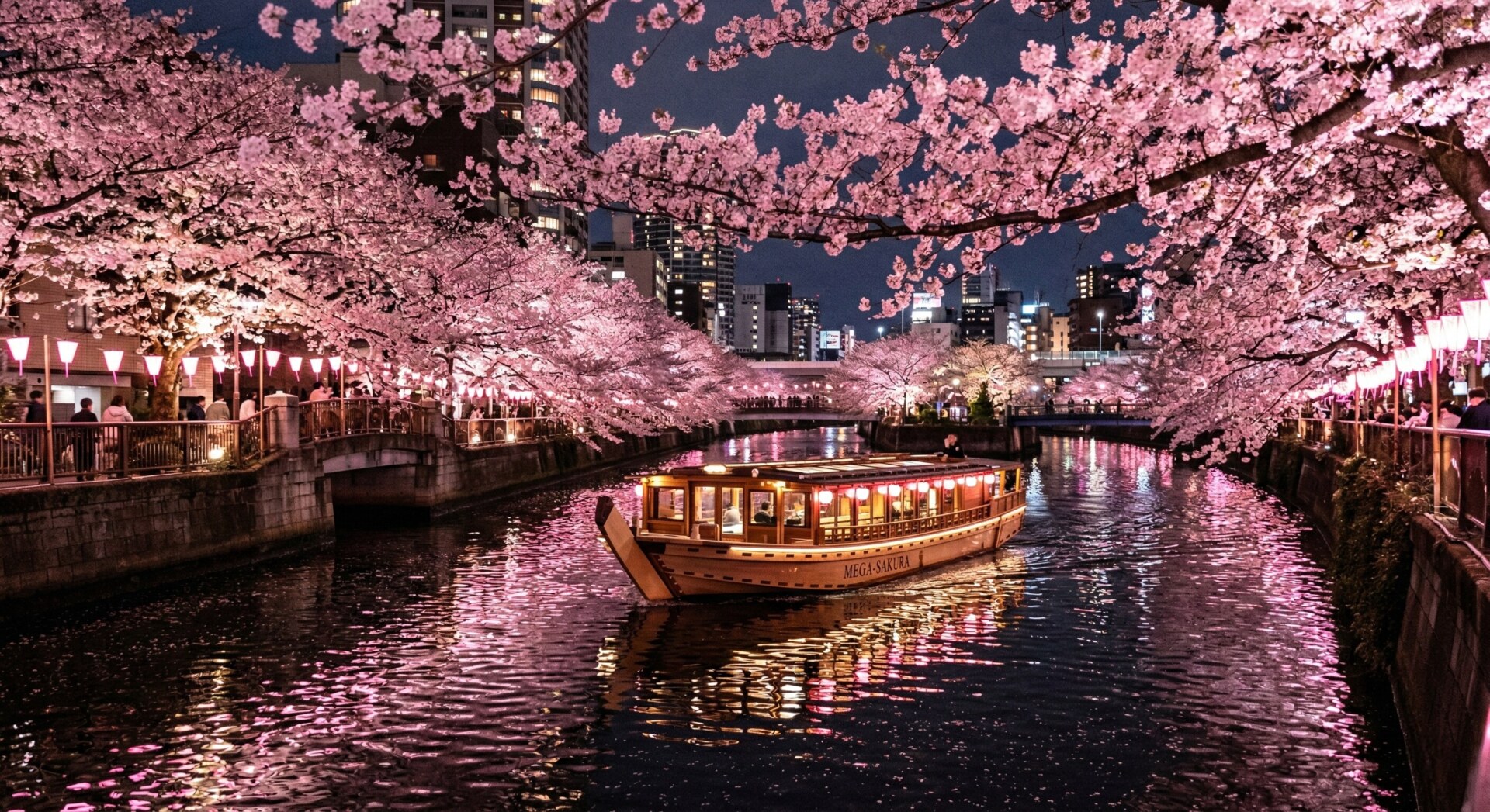 A luxury riverboat navigating the Meguro River in Tokyo under a canopy of illuminated pink cherry blossoms at night.