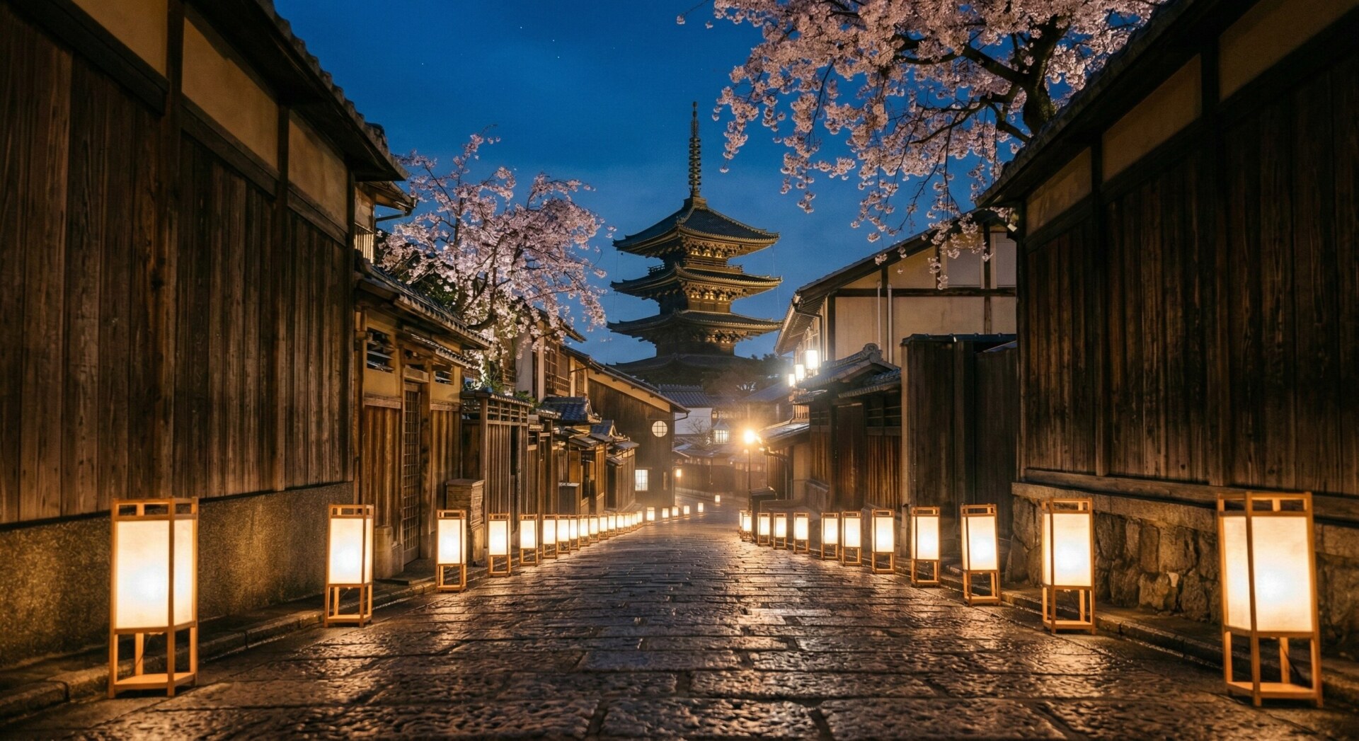 A quiet, ancient stone walkway in Kyoto's Higashiyama district is illuminated by thousands of glowing paper lanterns at twilight, leading towards a temple.