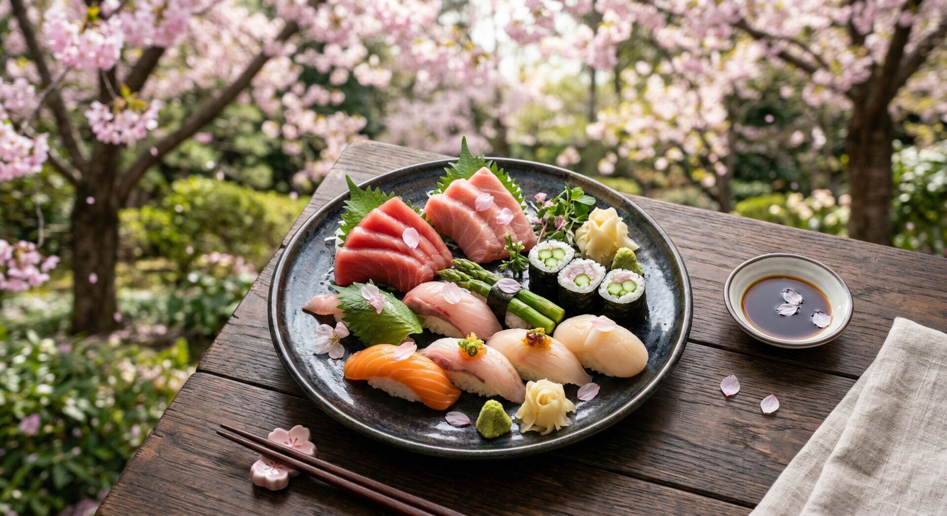 An exquisitely arranged platter of seasonal sushi and spring vegetables served in a high-end Osaka restaurant.