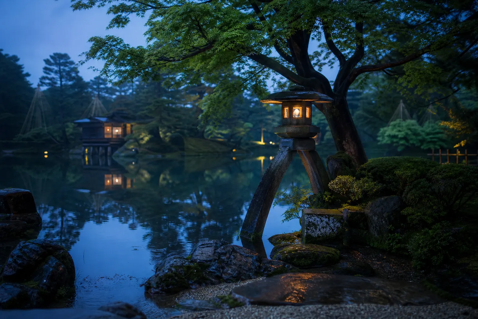 Kenrokuen garden in Kanazawa with stone lantern and spring foliage during Golden Week