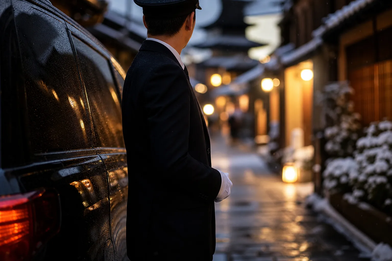 Luxury chauffeured minivan and driver on a quiet Kyoto machiya street in the morning