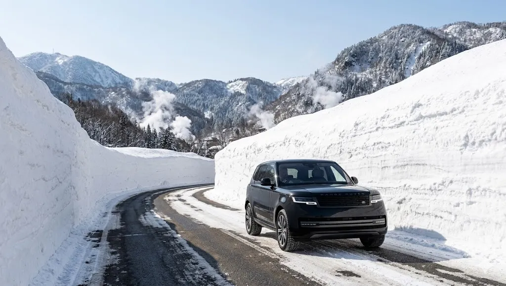 A luxury black SUV drives through a winding mountain pass with massive snow walls on both sides, illustrating safe and professional winter transport to a high-end onsen resort.