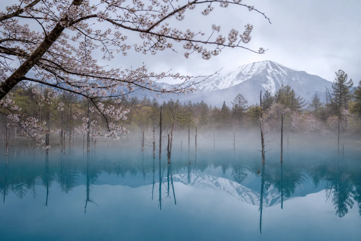Morning mist over Taisho Pond in Kamikochi with Mount Yake reflected in still water