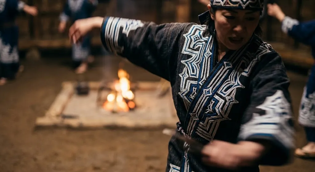 A close-up photograph capturing a traditional Ainu dancer in intricately embroidered robes Moving gracefully before a glowing fire, showcasing the vibrant patterns and spiritual indigenous heritage of Hokkaido.