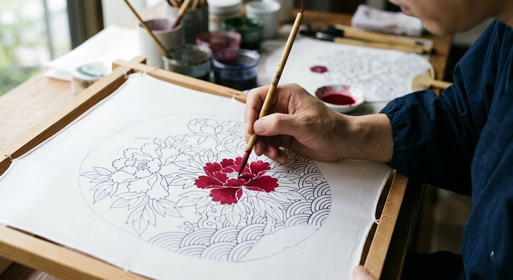 Person painting a red flower within a circular floral design on fabric stretched in a wooden frame.