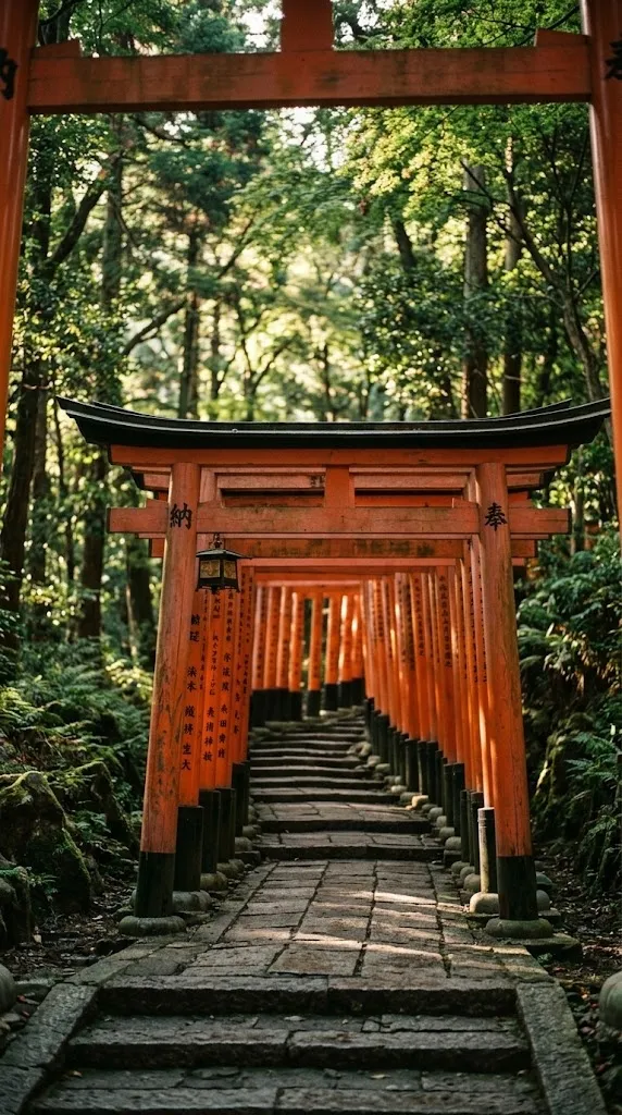 A seemingly endless ascending pathway winds through vibrant moving vermilion torii gates on Mount Inari, illuminated by soft dappled morning sunlight filtering elegantly through the surrounding forest.