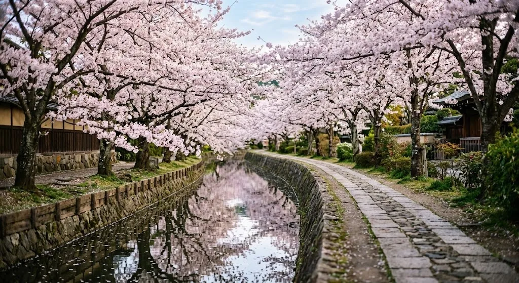A tranquil, uncrowded morning view of Kyoto's Philosopher's Path, where hundreds of blooming pink cherry trees create a stunning canopy reflecting beautifully in the quiet canal below.