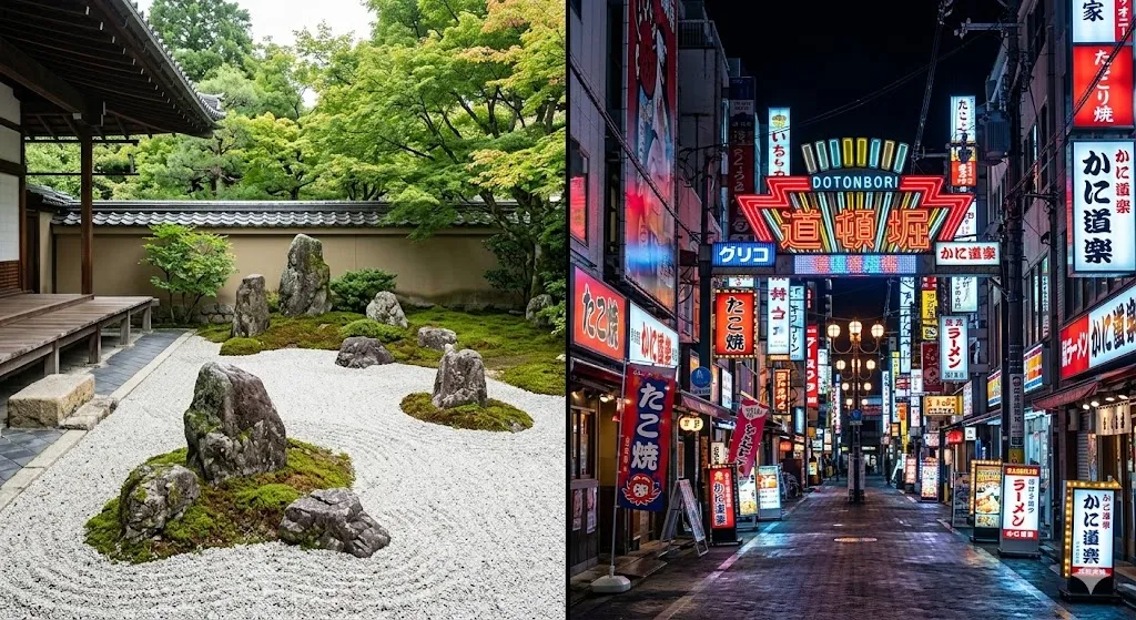 A vertical split image showing a peaceful Zen stone garden in Kyoto on one side and a glowing neon-lit city street in Osaka on the other side.