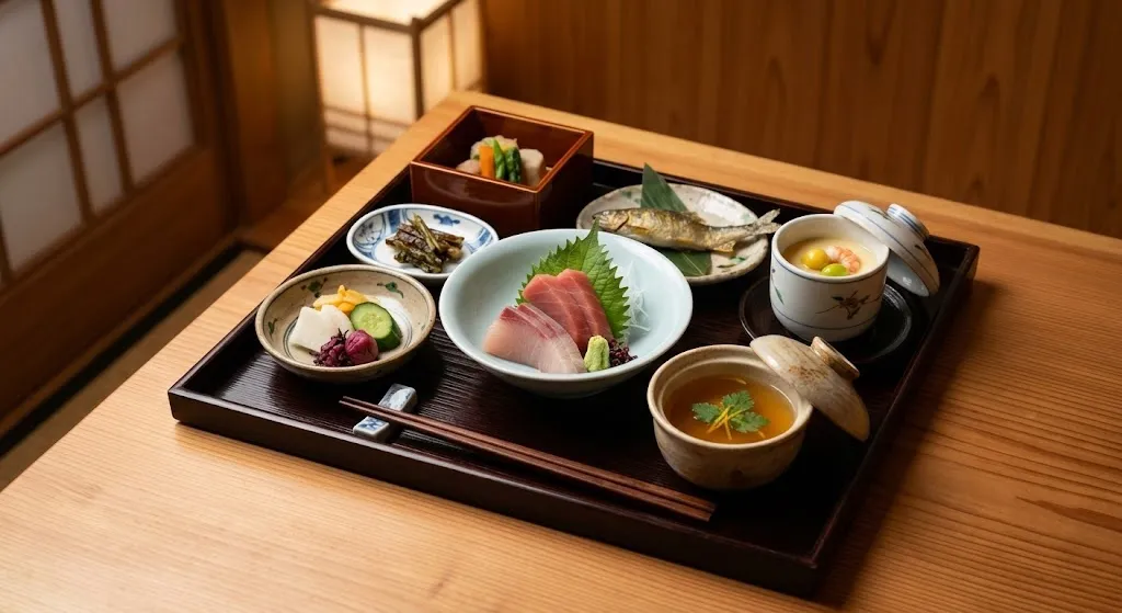 A top-down view of a beautifully arranged Japanese kaiseki dinner with small ceramic bowls, seasonal sashimi, and delicate garnishes, set in a sophisticated Kyoto Station restaurant with warm lighting.