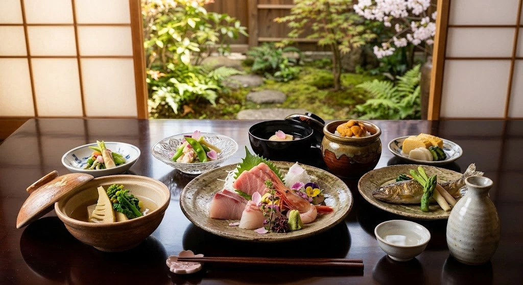 Assorted Japanese kaiseki dishes on a dark table with a garden view, center plate features sashimi.
