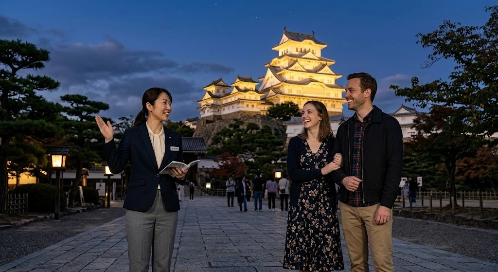 Tour guide speaking to a couple at a illuminated Japanese castle during dusk.