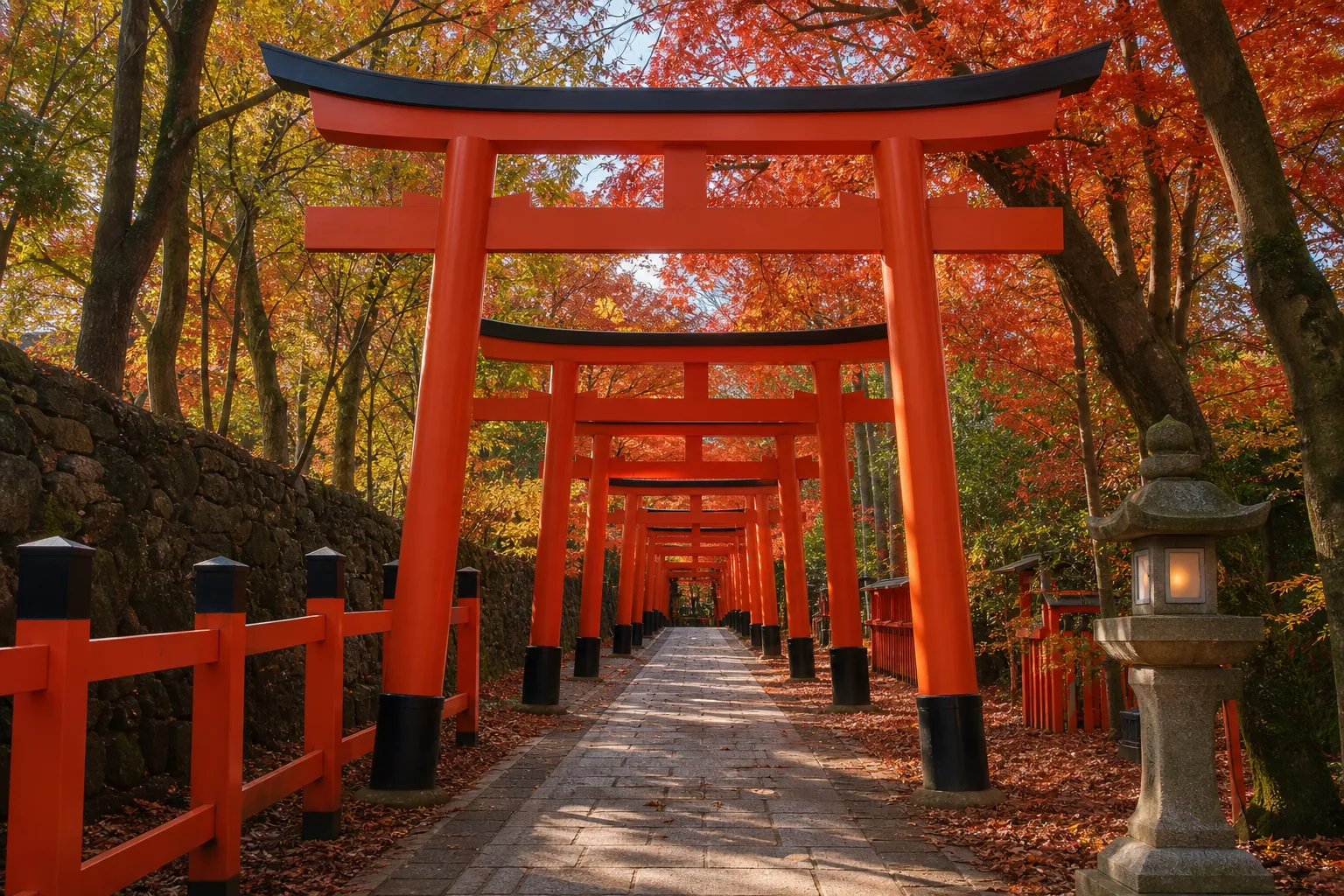 Empty vermilion torii gates at Fushimi Inari Taisha Kyoto at dawn
