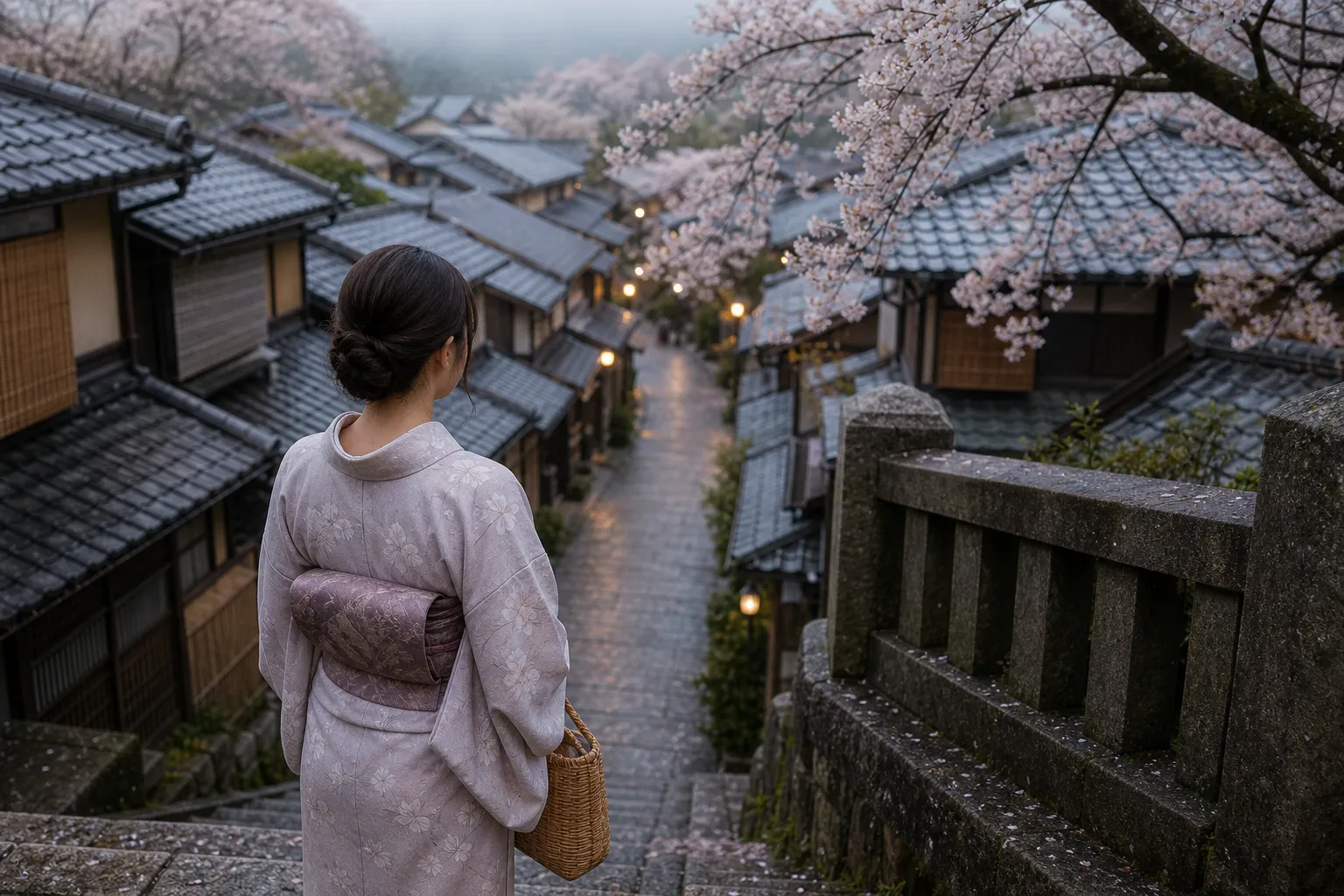 Visitor in yukata watching a Japanese festival at dusk with lanterns behind