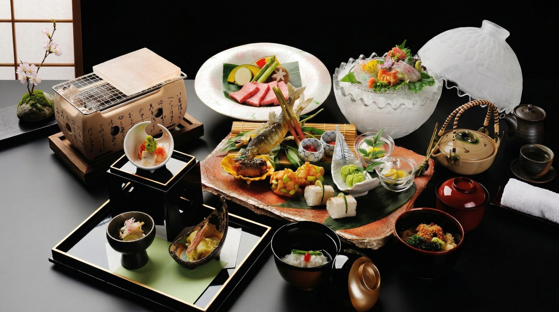 A beautifully plated multi-course Japanese Kaiseki dinner featuring seasonal vegetables and fresh seafood.