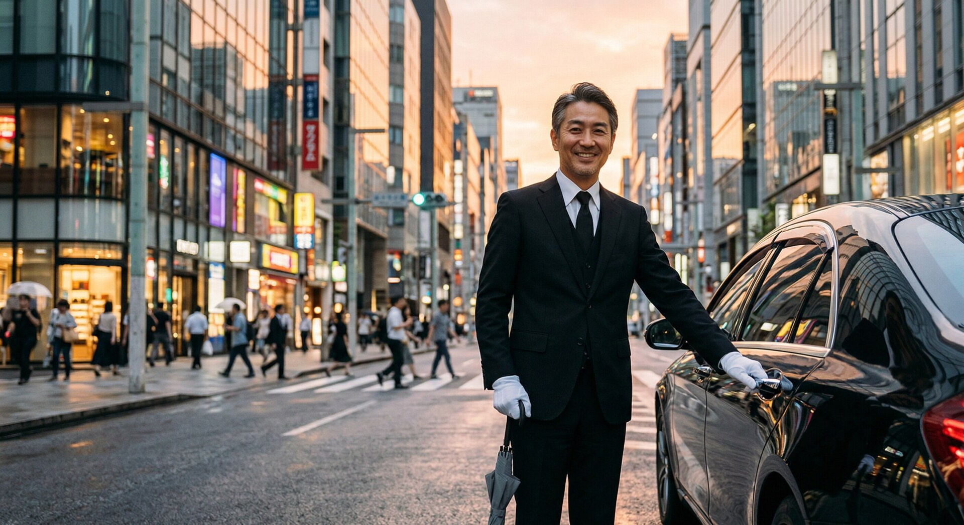 A professional chauffeur standing next to a sleek, luxury black car, opening the door for guests.