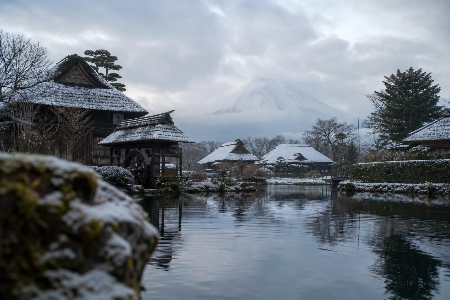 Thatched farmhouses and clear ponds at Oshino Hakkai with Mount Fuji and cherry trees