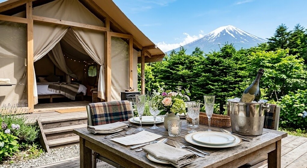 Glamping tent with an open doorway, set on a wooden deck; a rustic dining table is laid for outdoors with plates, glassware, flowers, and a bottle chilling in an ice bucket, with a snow-capped mountain and lush greenery in the background.