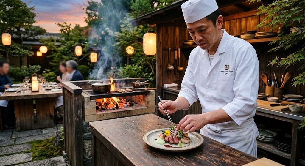 Chef in a white uniform plates an dish at an outdoor kitchen beside a wood-fired grill, lanterns glowing in the background.