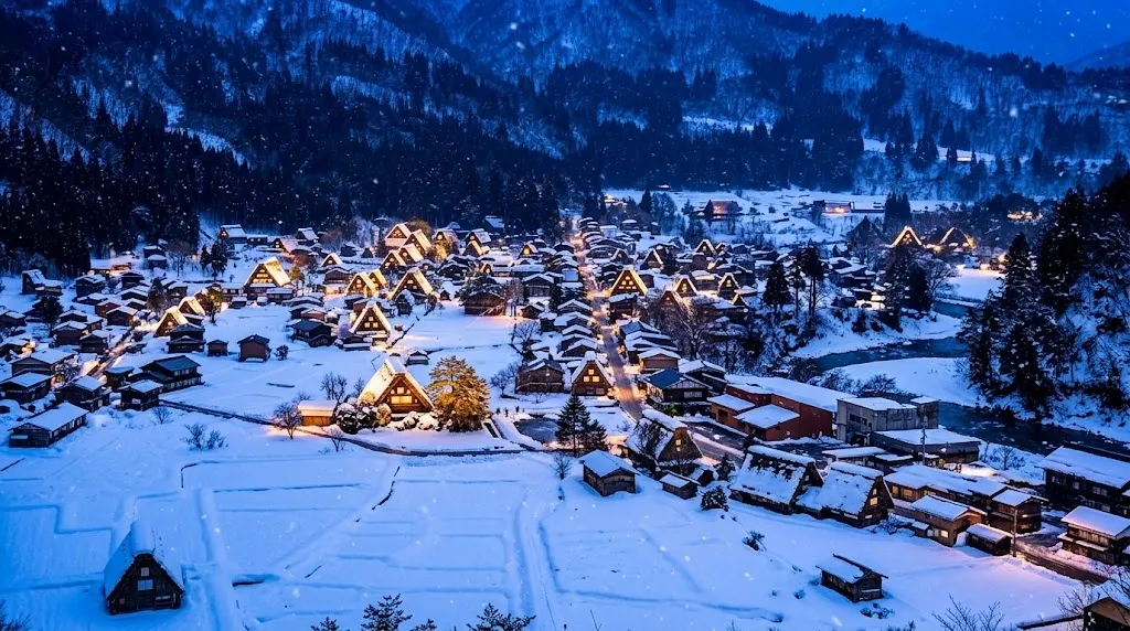 A cinematic evening view of Shirakawa-go village with gassho-zukuri farmhouses covered in deep snow, their windows glowing with warm light against a dark blue winter sky.
