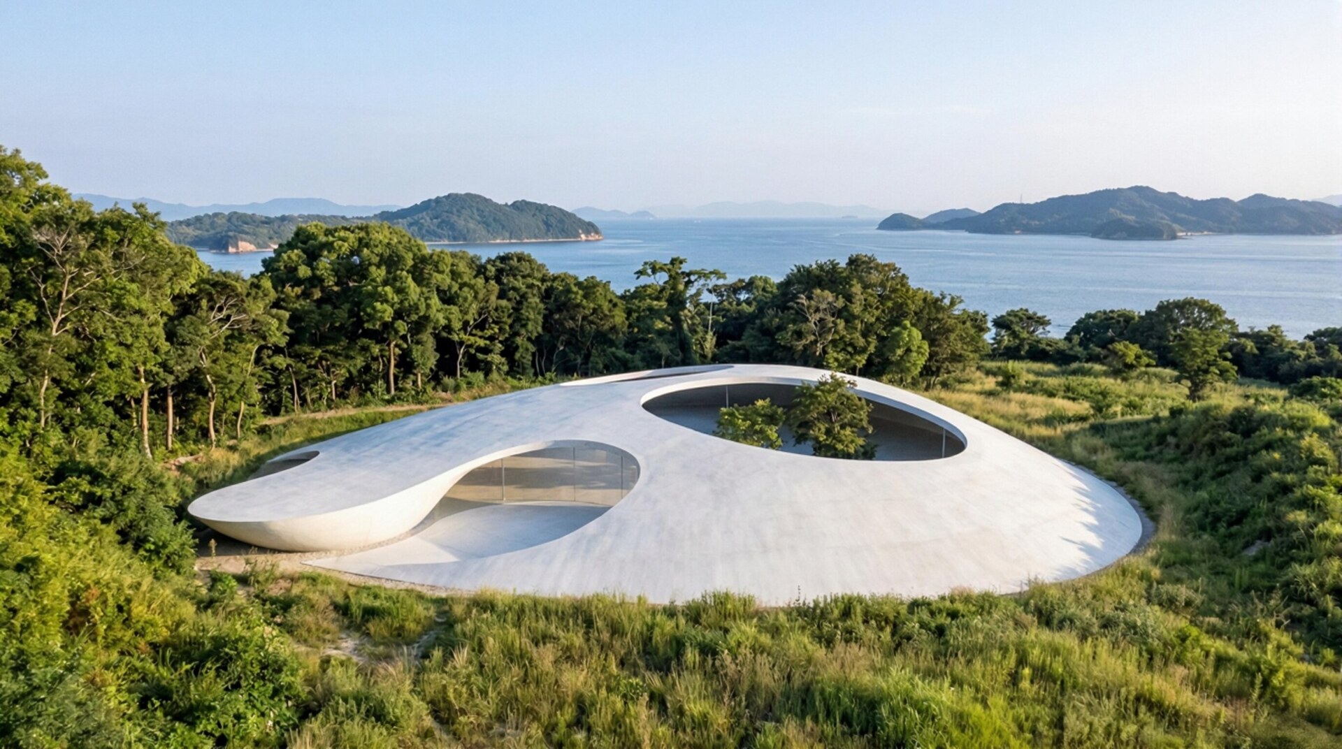 A smooth, white, dome-like concrete structure sitting in the middle of green fields and rolling hills.