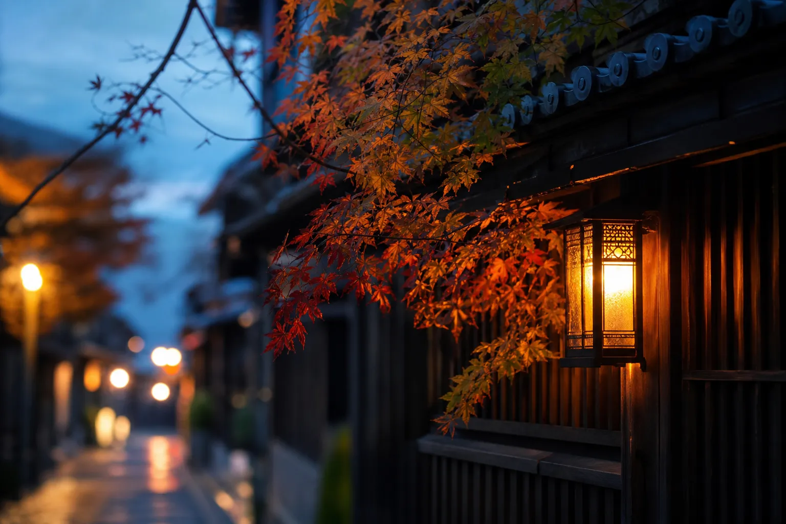 Quiet historic Gion lane in Kyoto with wooden townhouses and cherry blossoms in spring